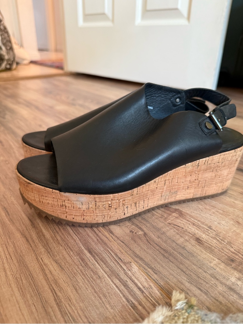 Eileen Fisher Black Leather Cork Platform Slingback Wedges